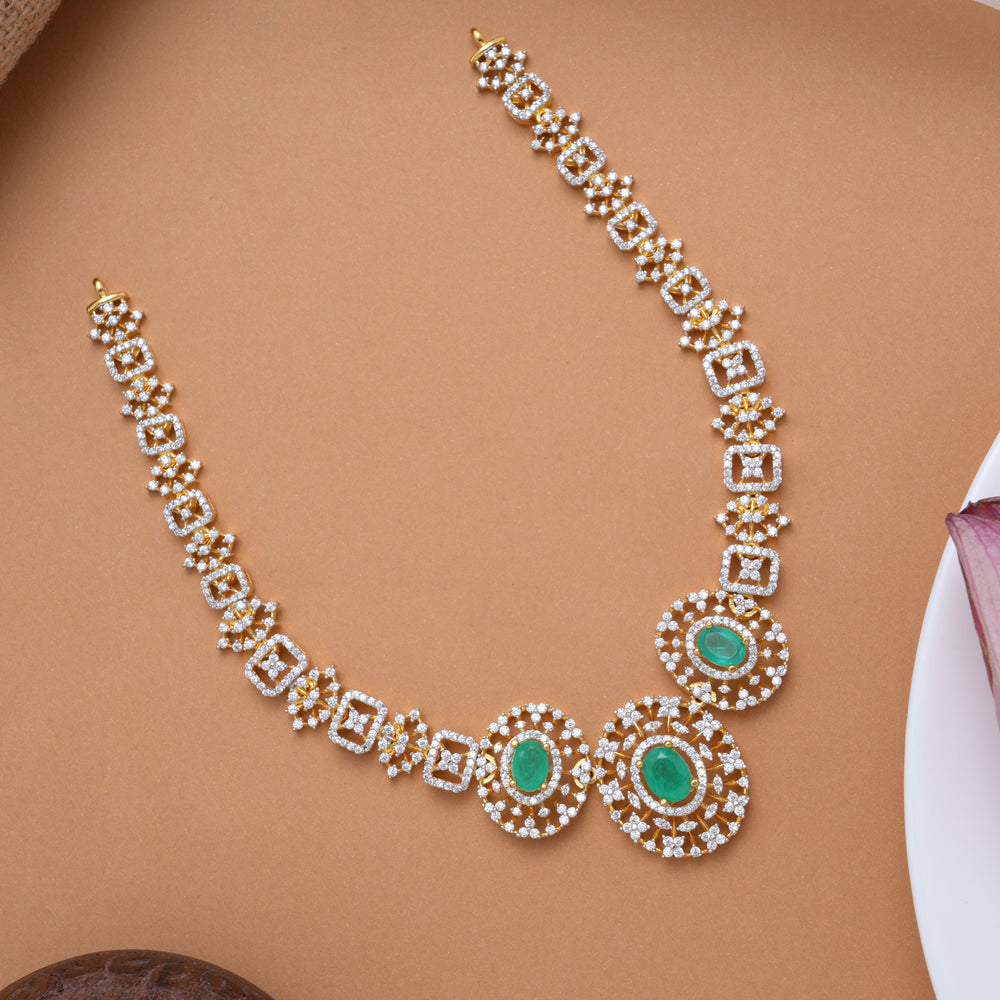 Tri Oval Emerald Stone Pendant Golden Swarovski Necklace