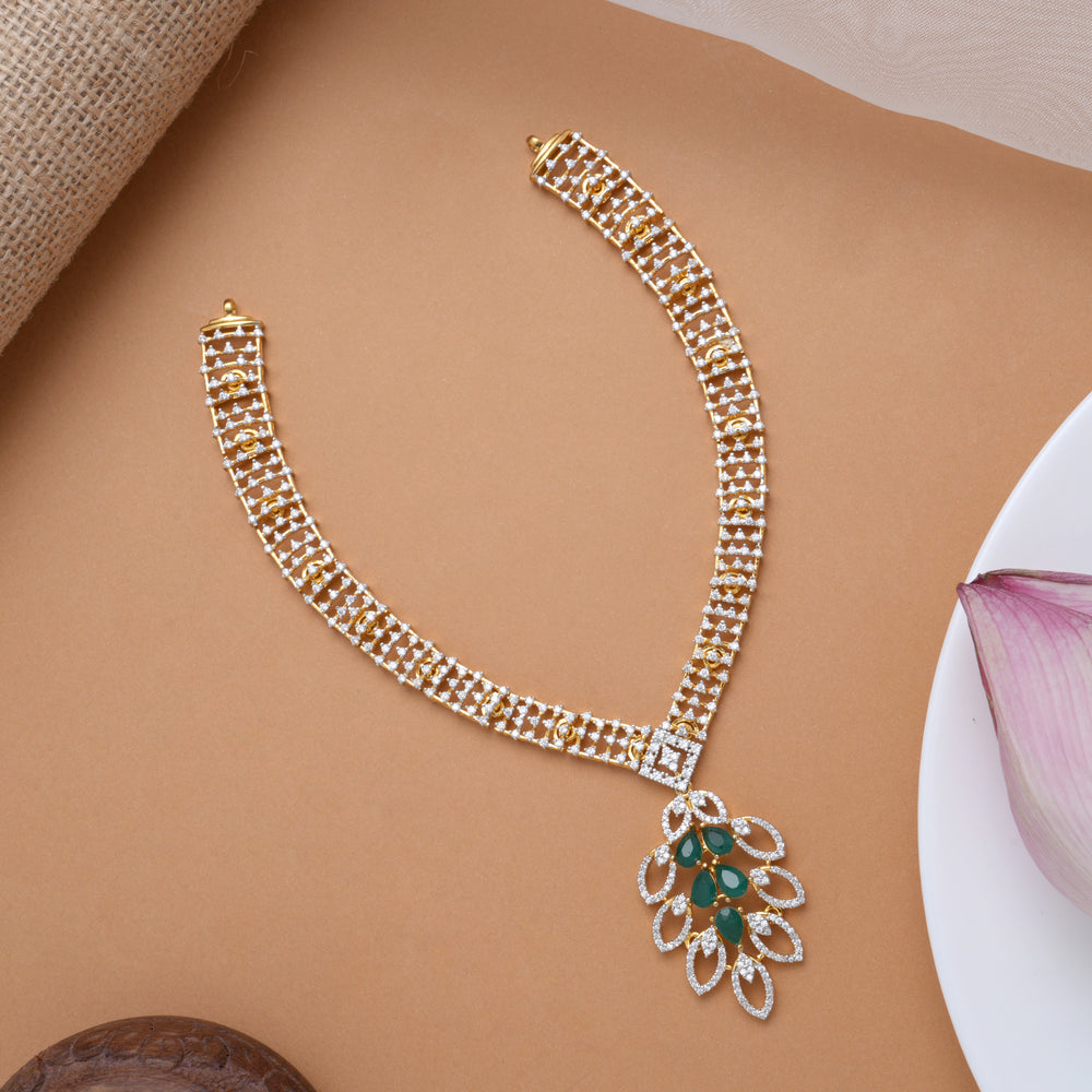 Modern Leaf Design Emerald Stone Golden Swarovski Necklace