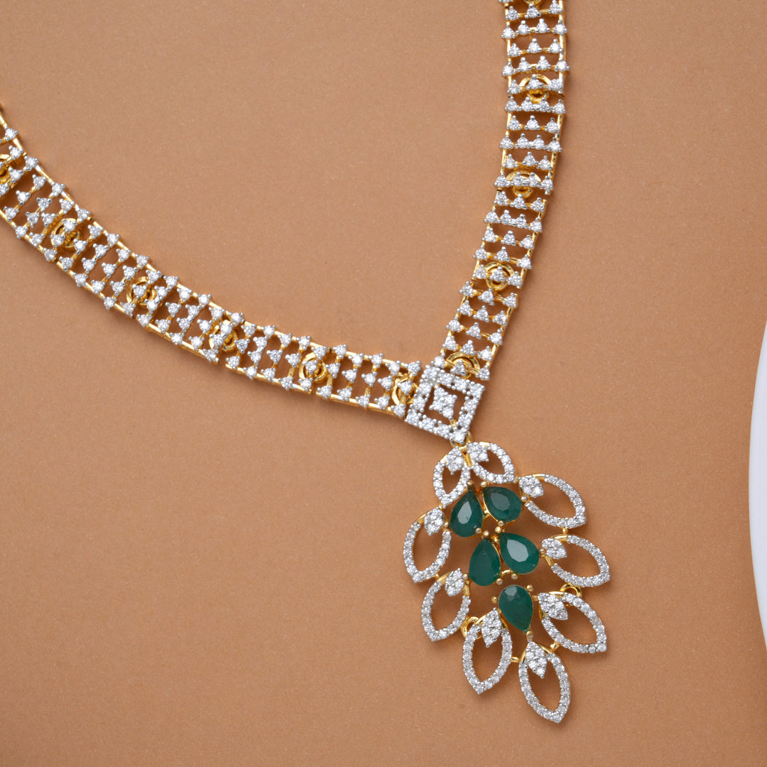 Modern Leaf Design Emerald Stone Golden Swarovski Necklace