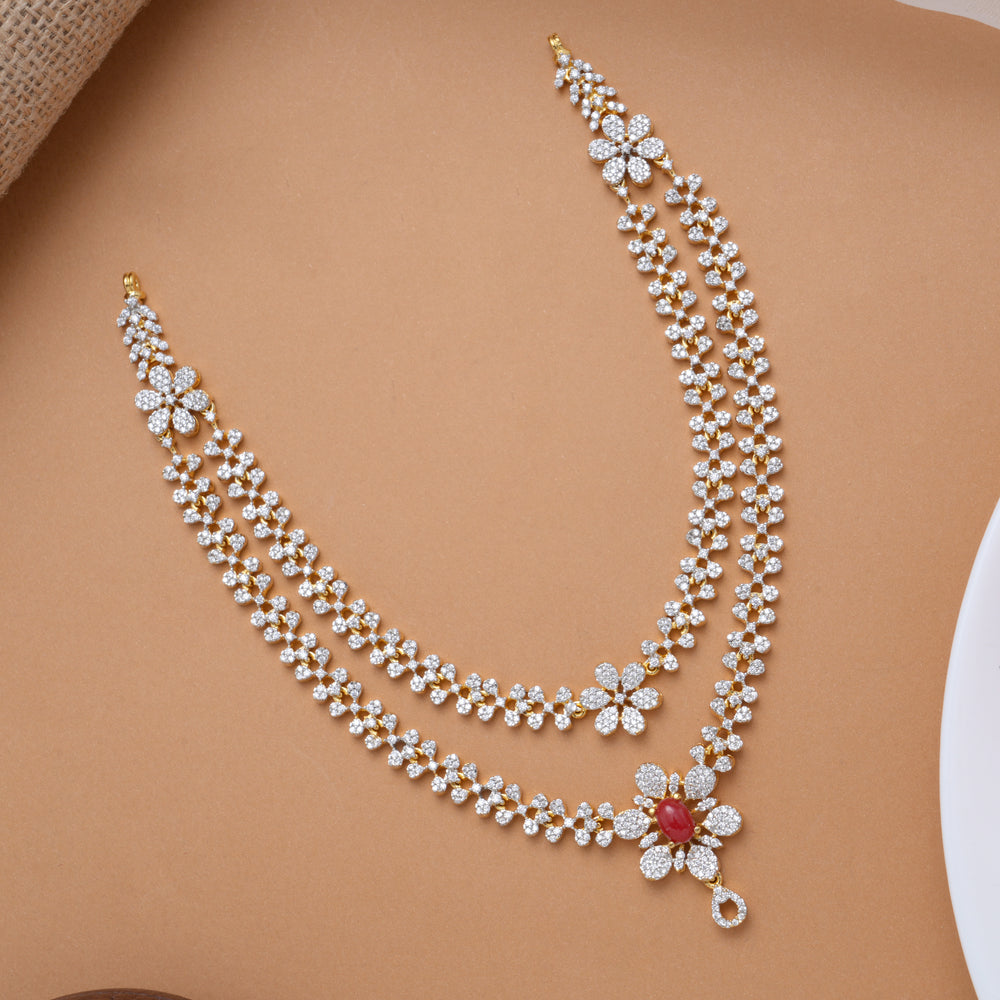 Beautiful Red Stone Blossom Layer Golden Swarovski Necklace
