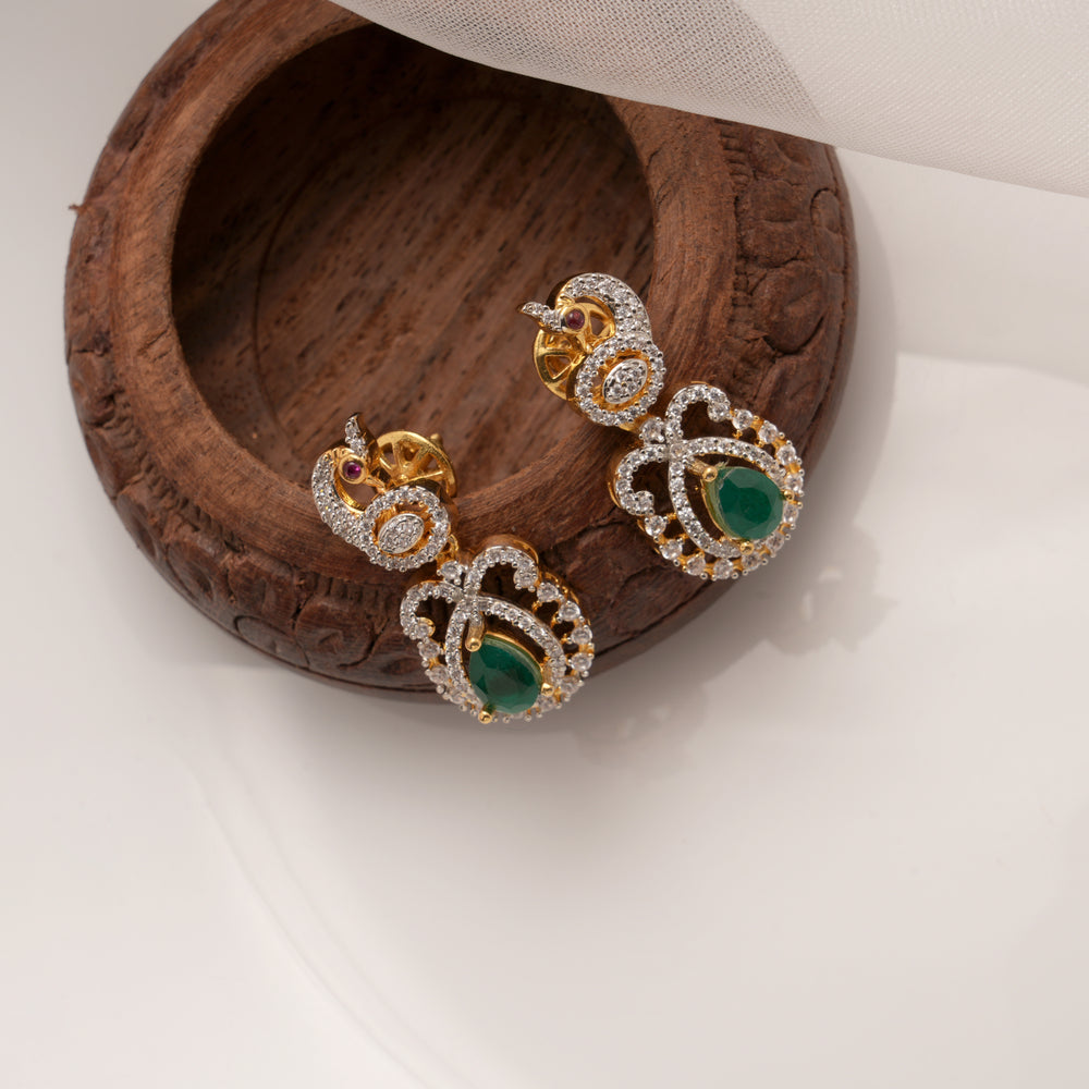 Shining Peacock with Green Stone Golden Earrings
