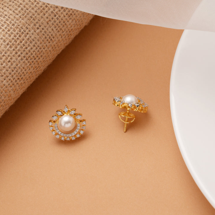 Cute Pearl with Stone Golden Stud