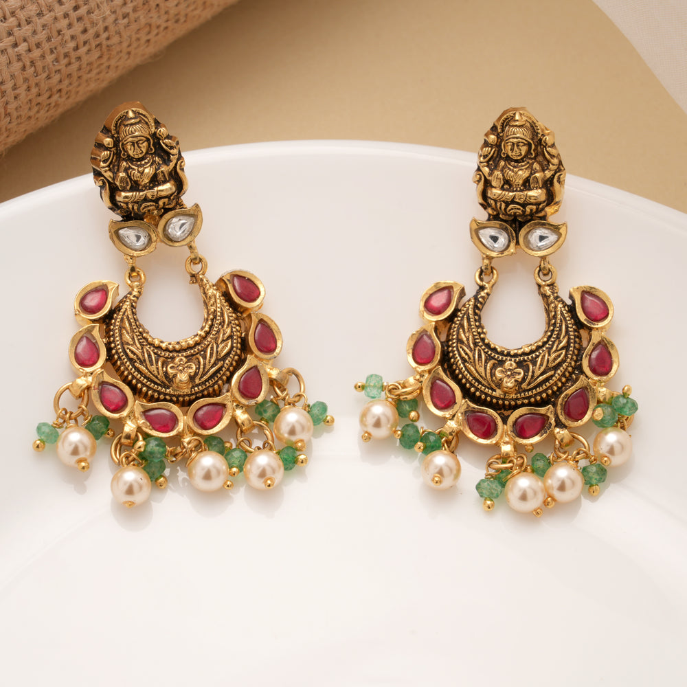 Beautiful Lakshmi Dual Stone Chandbali Golden Earrings