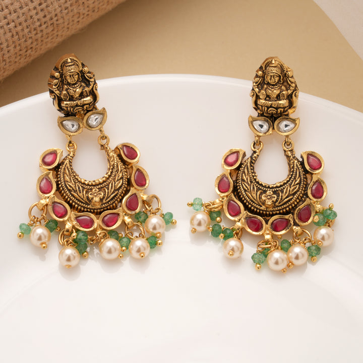 Beautiful Lakshmi Dual Stone Chandbali Golden Earrings