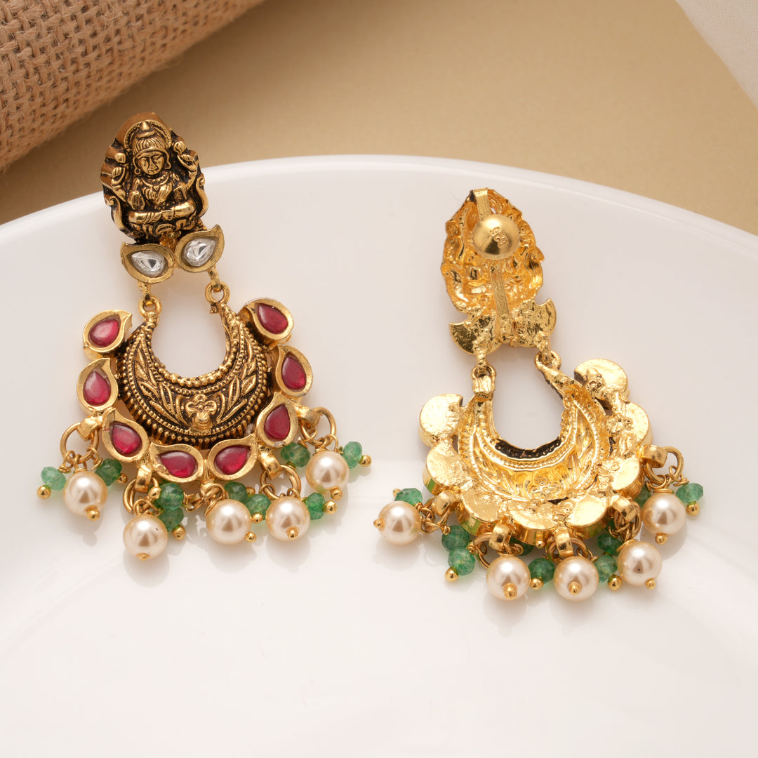 Beautiful Lakshmi Dual Stone Chandbali Golden Earrings