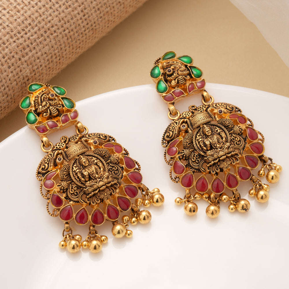 Antique Dual Kundan Stone Lakshmi Drops Golden Earrings