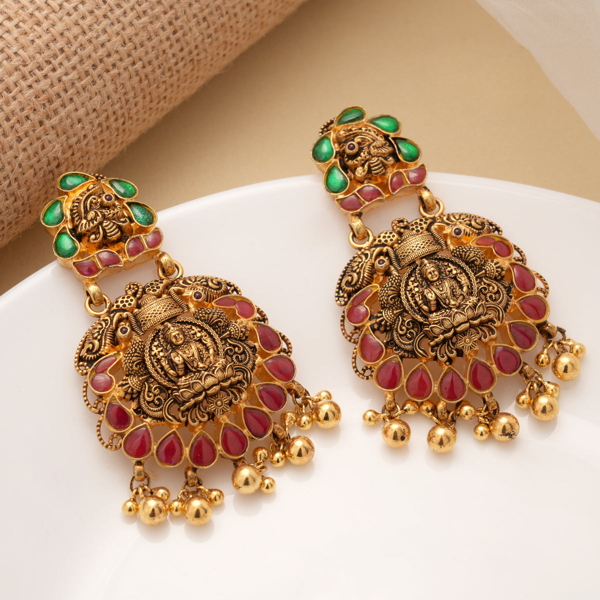 Antique Dual Kundan Stone Lakshmi Drops Golden Earrings
