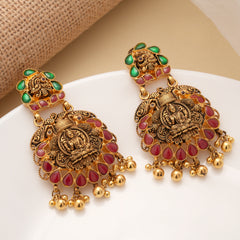 Antique Dual Kundan Stone Lakshmi Drops Golden Earrings