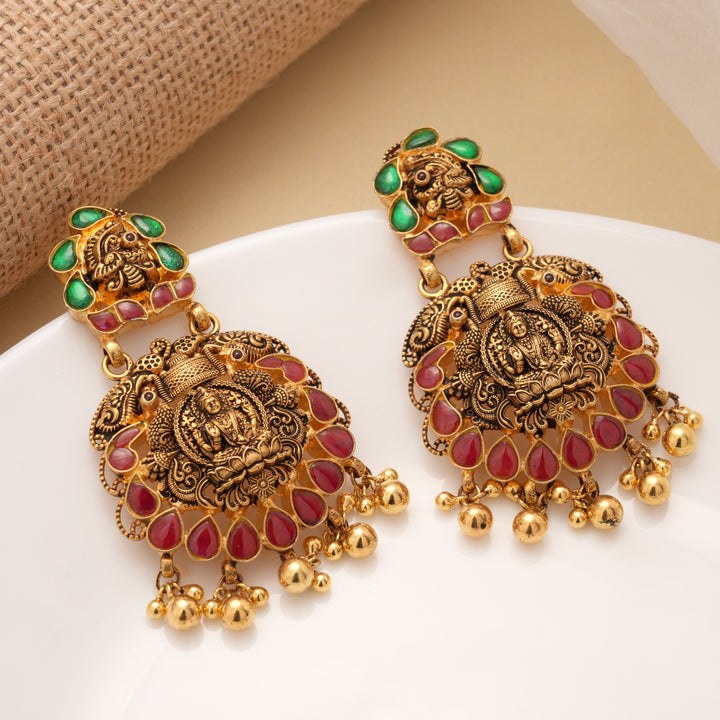 Antique Dual Kundan Stone Lakshmi Drops Golden Earrings