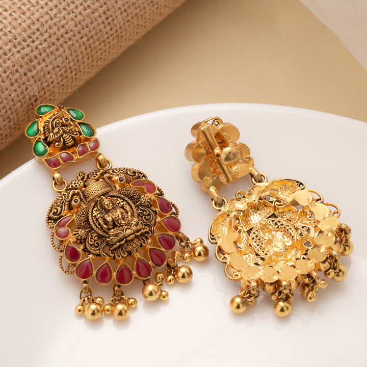 Antique Dual Kundan Stone Lakshmi Drops Golden Earrings