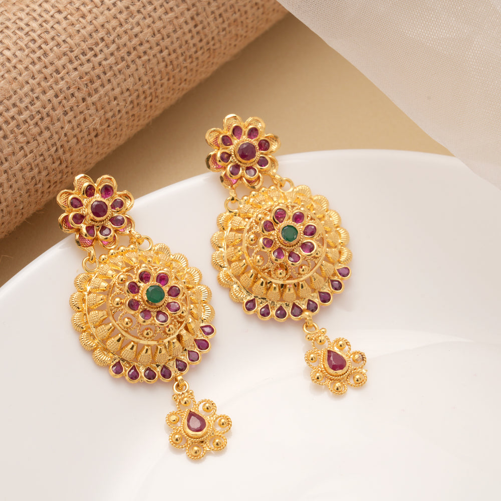 Bold Floral Round Design Enamel Golden Earrings