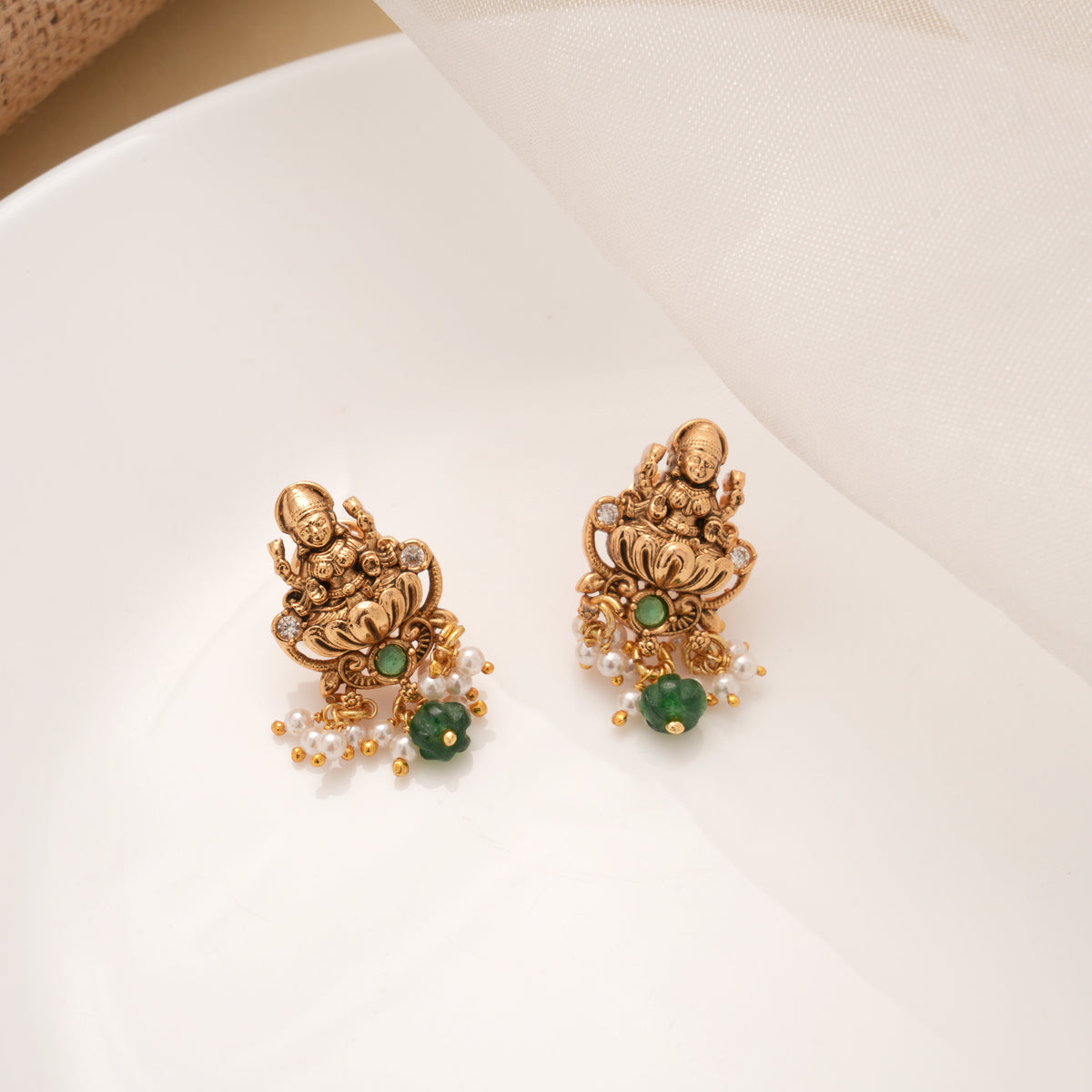 Antique Lakshmi with Pearl Drops Golden Earrings