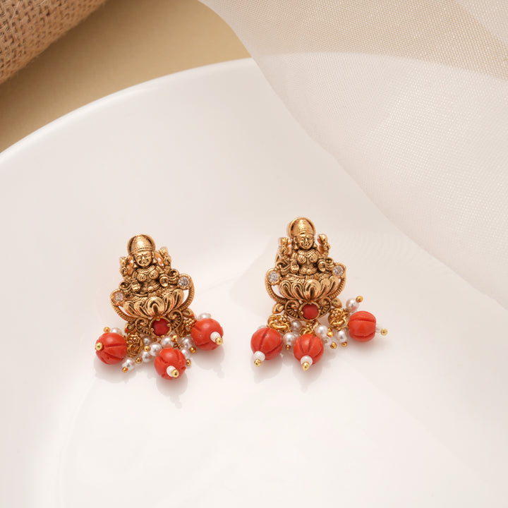 Antique Coral Drops Lakshmi Golden Earrings