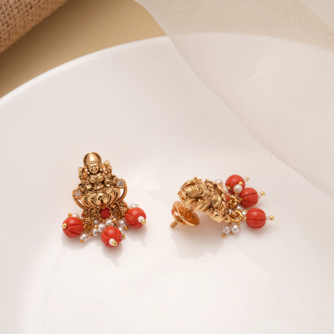 Antique Coral Drops Lakshmi Golden Earrings