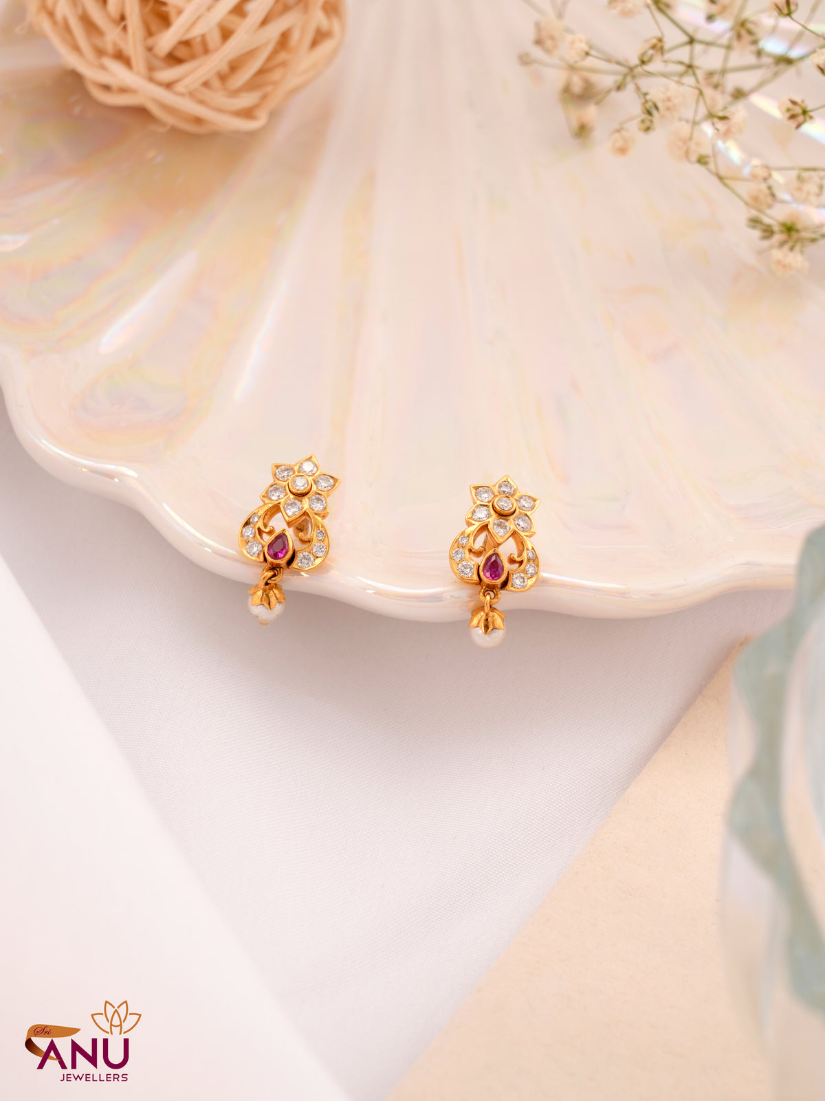 Floral with Ruby Pearl Drop Diamond Stud