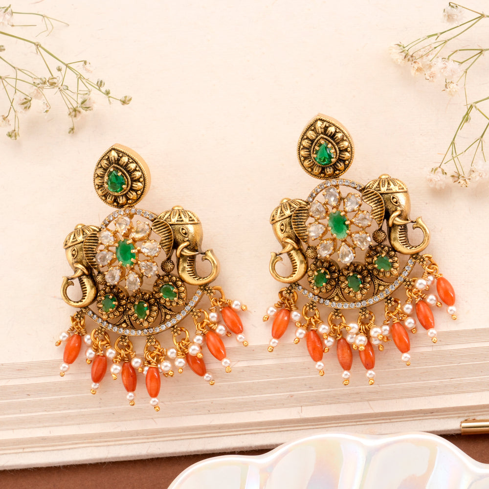 Antique Elephant with Coral Drop Silver Earring