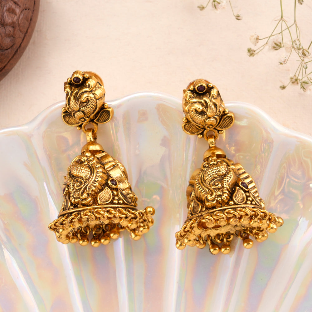 Antique Peacock Design Golden Jhumkas