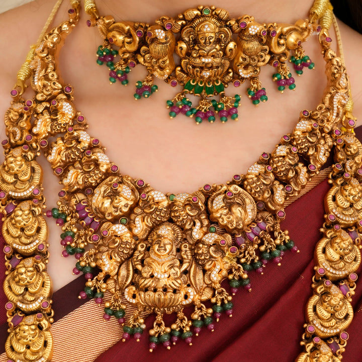 Lakshmi Peacock with Pink Beads Drop Necklace