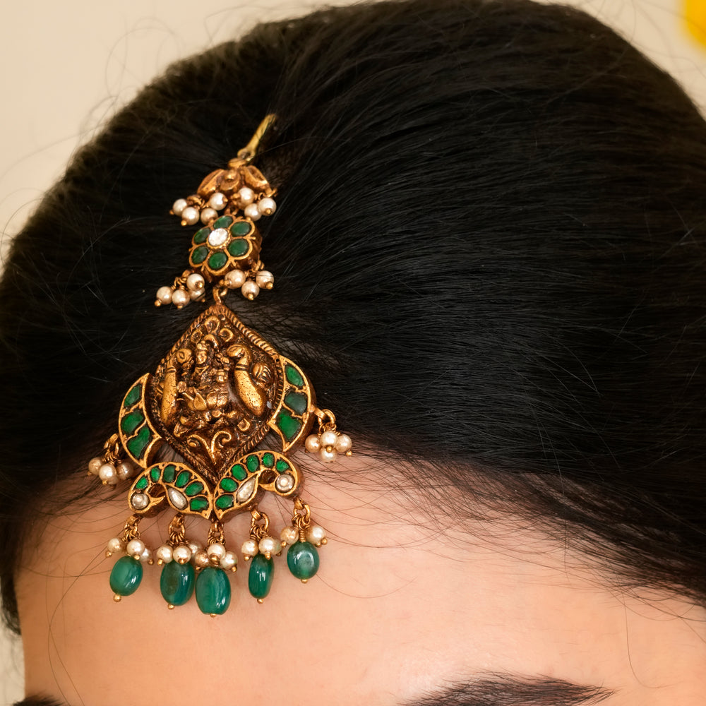 Antique Silver Emerald Lakshmi Tikka