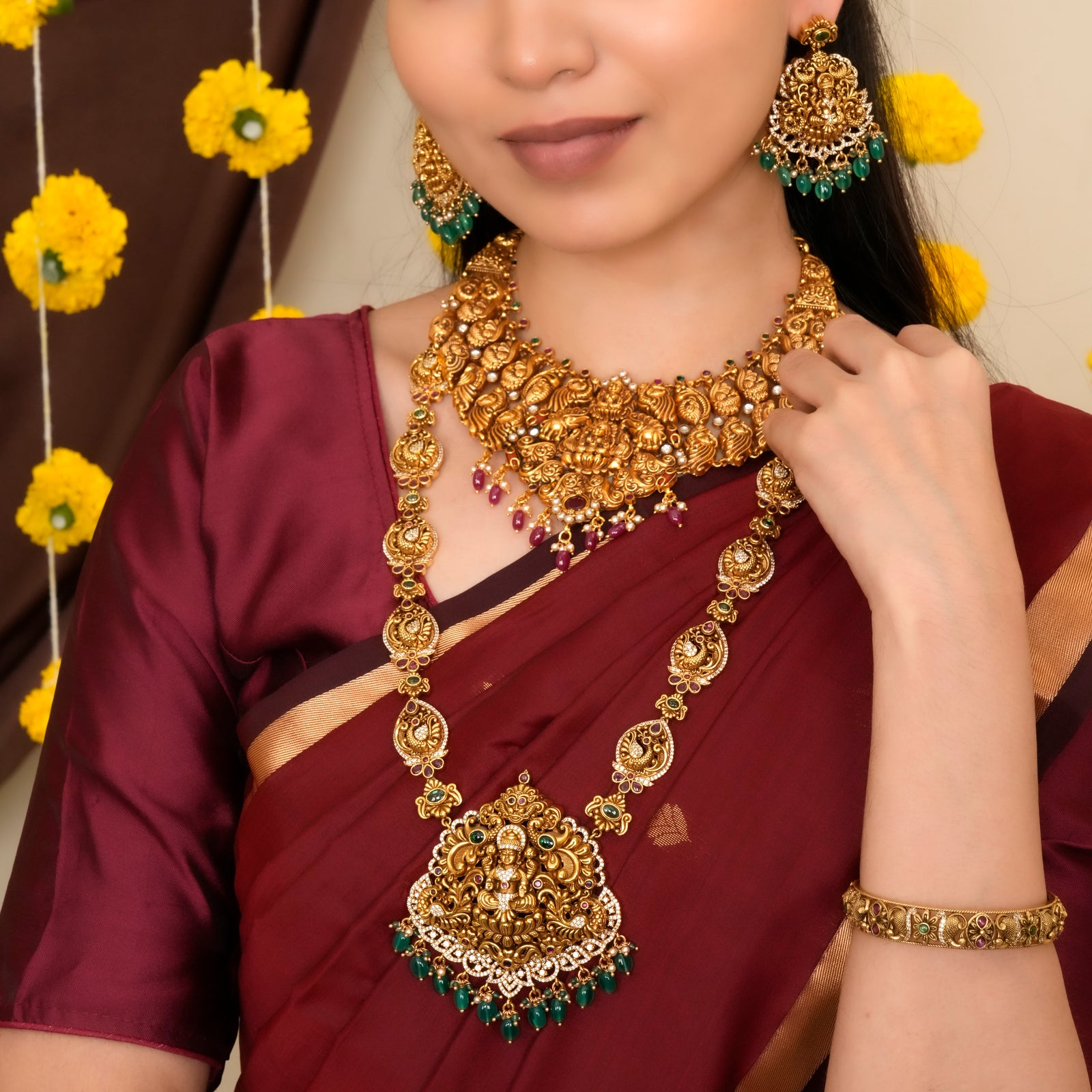 Nagas Lakshmi Peacock & Emerald Beads Haram