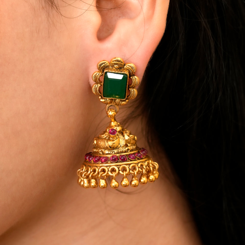 Antique Halo Emerald with Golden Balls Earrings