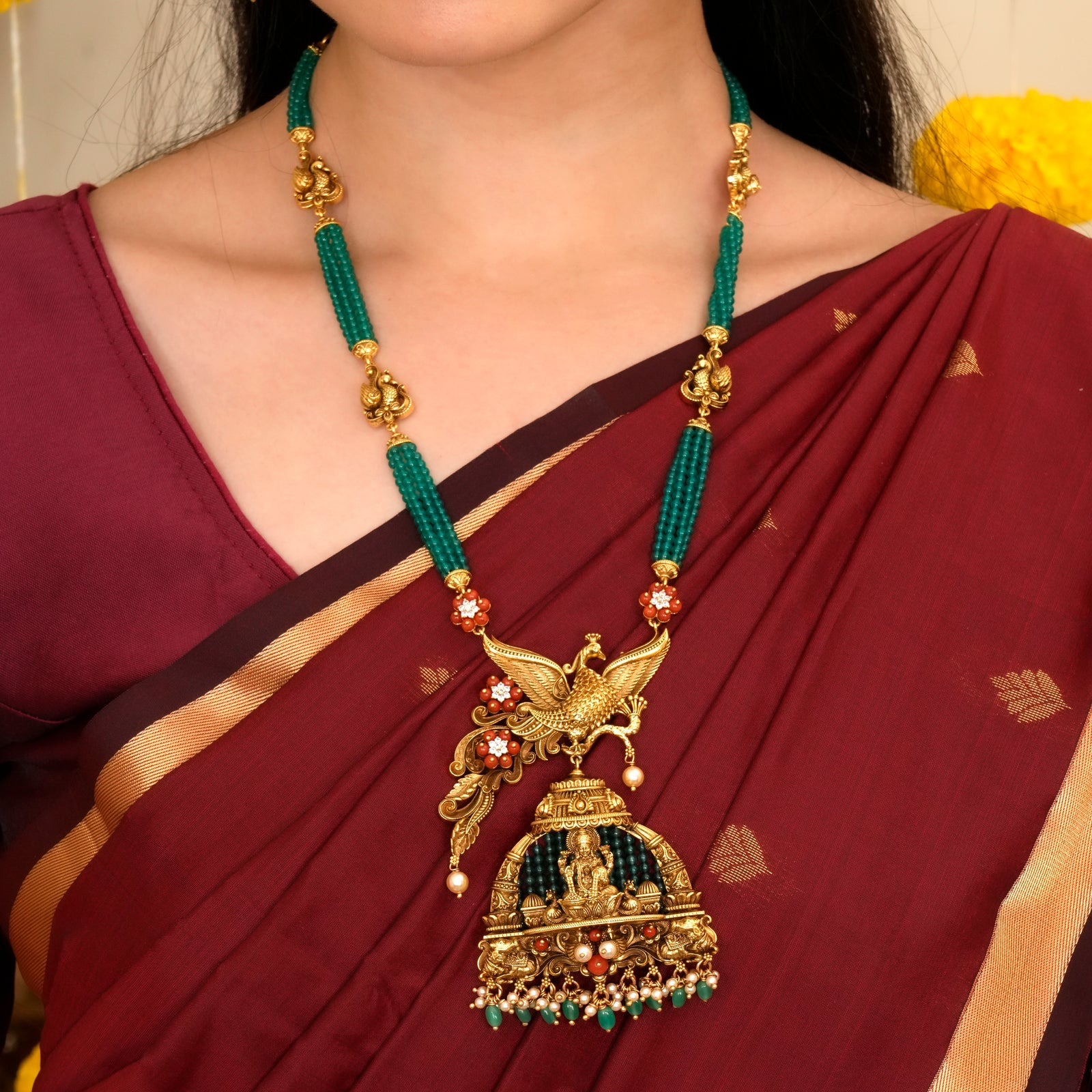 Devotional Lakshmi Peacock Green Beads Necklace