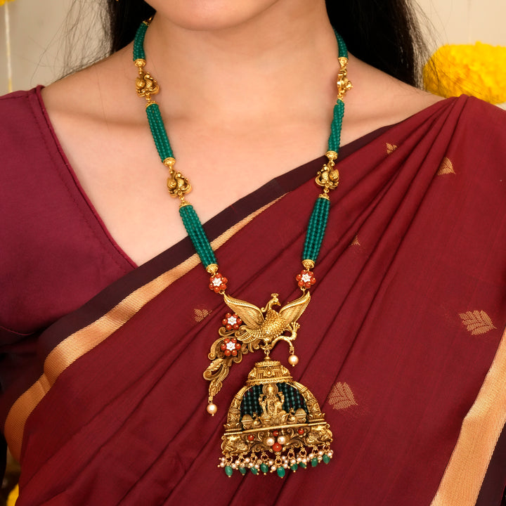 Devotional Lakshmi Peacock Green Beads Necklace