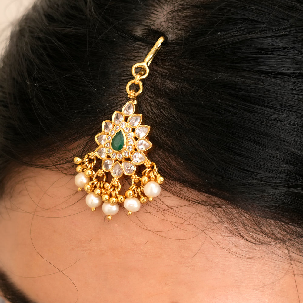 Emerald Gold Plated Pearl Drops Tikka
