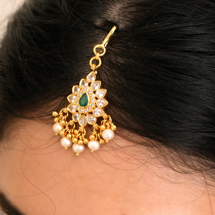 Emerald Gold Plated Pearl Drops Tikka