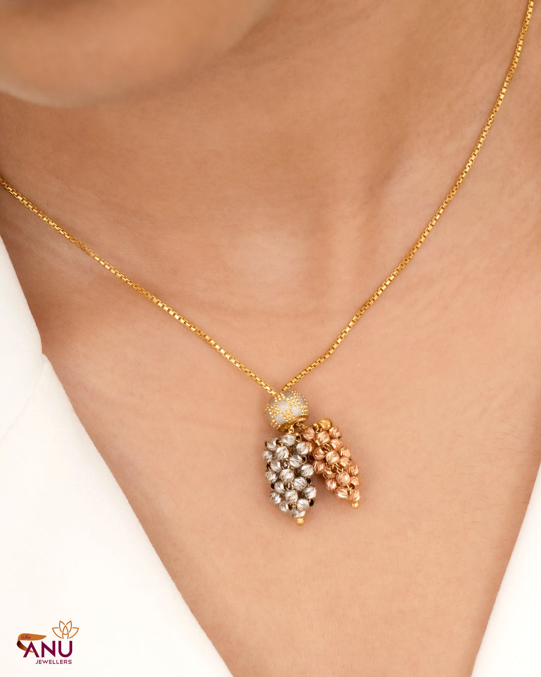 Elegant Tri Tone Beads Drop Gold Chain