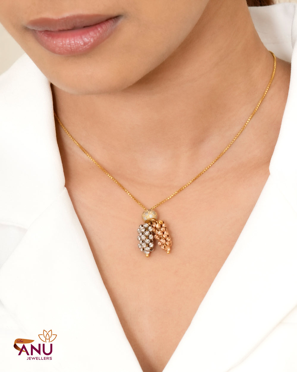 Elegant Tri Tone Beads Drop Gold Chain
