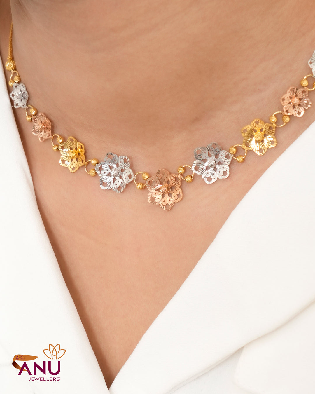 Tri Tone Floral Gold Chain