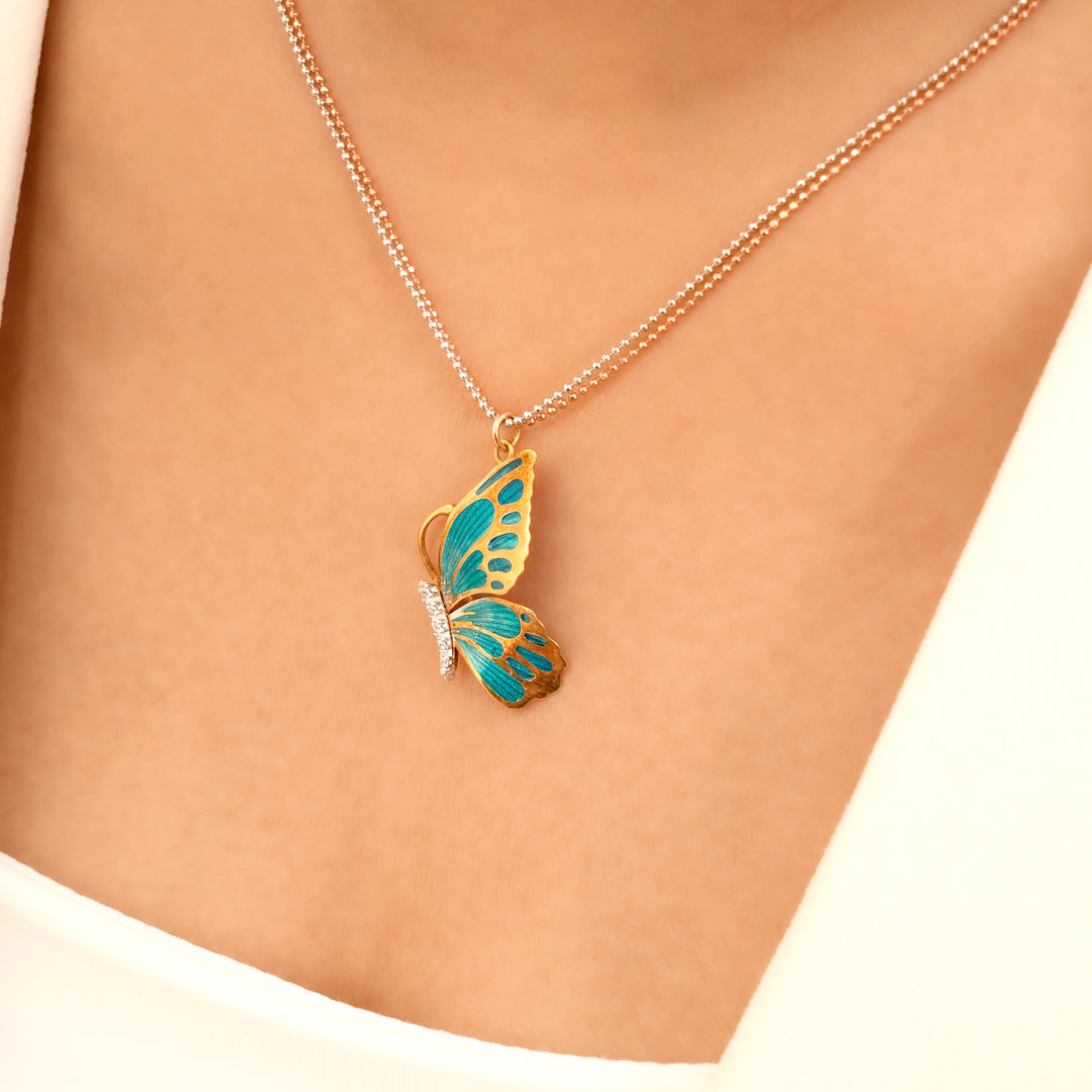 Butterfly Wings Blue Enamel Rose Gold Chain