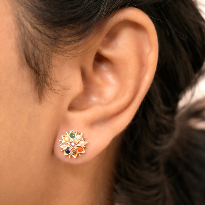 Navaratna Floral Diamond Stud