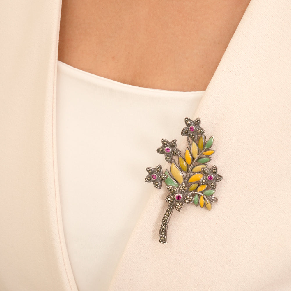 Marcasite Enamel Leaf with Floral Brooch in Silver