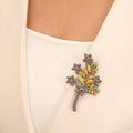 Marcasite Enamel Leaf with Floral Brooch in Silver