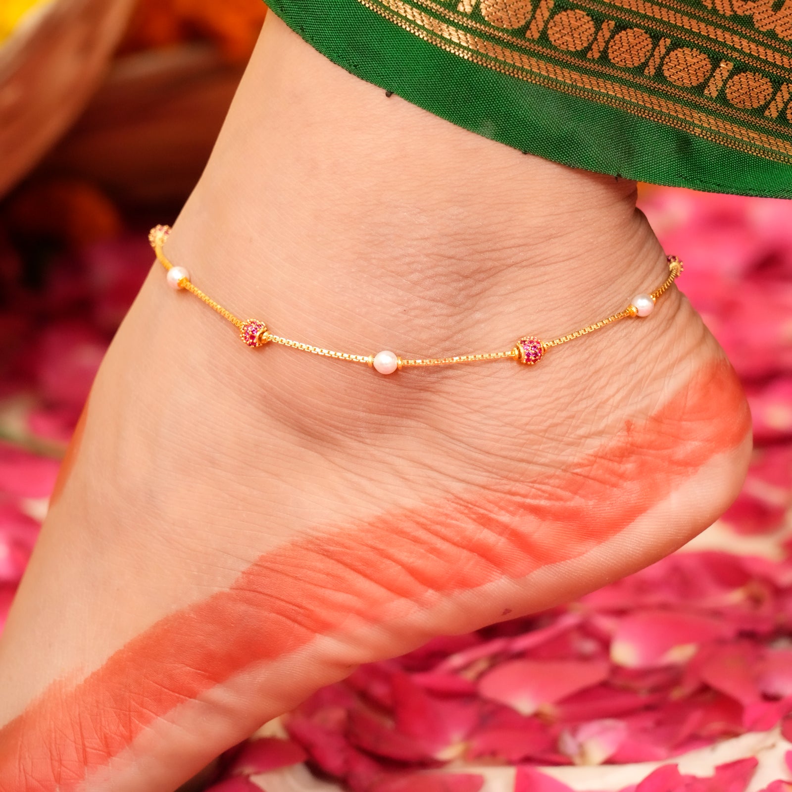 Ruby Ball and White Pearl Gold Anklet