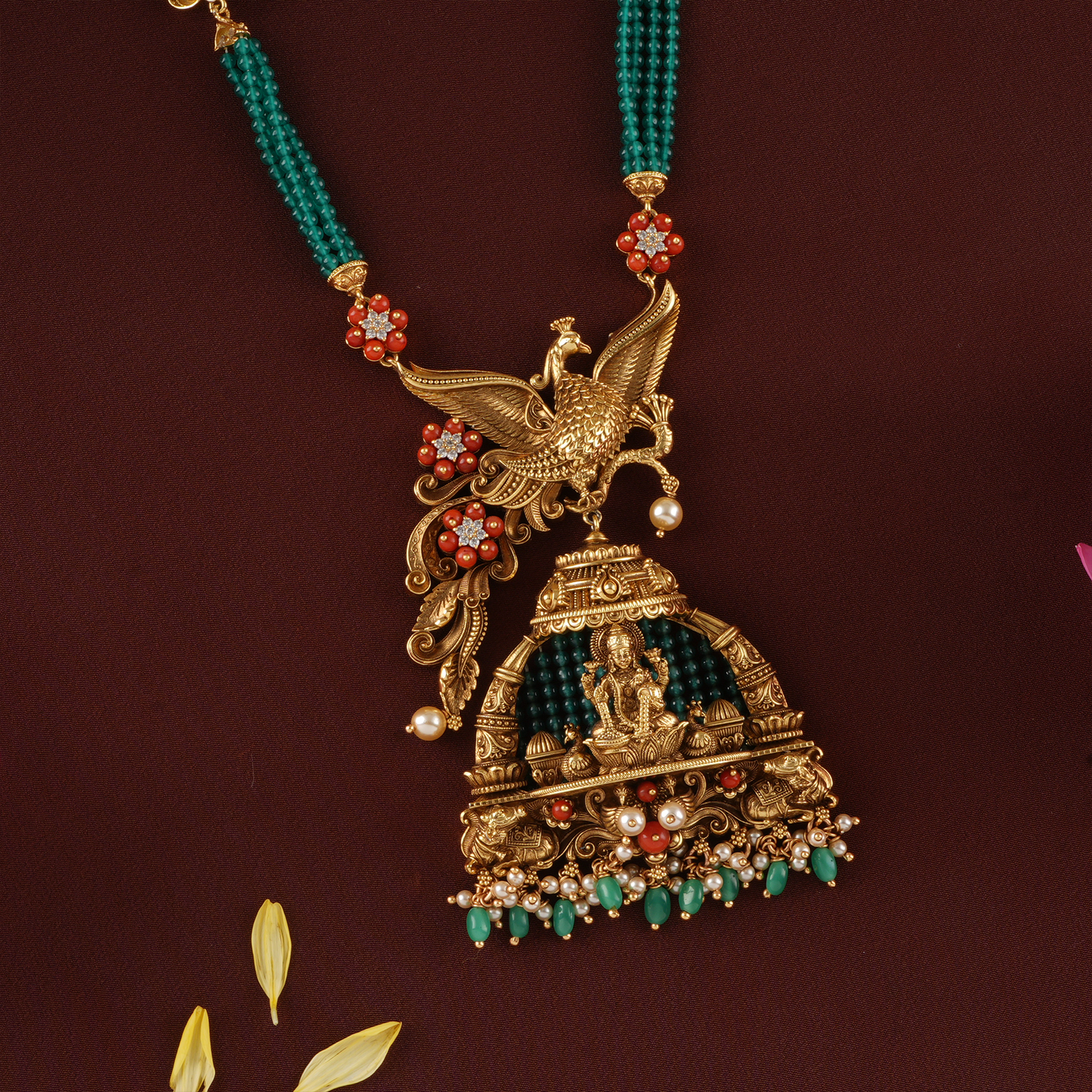 Devotional Lakshmi Peacock Green Beads Necklace