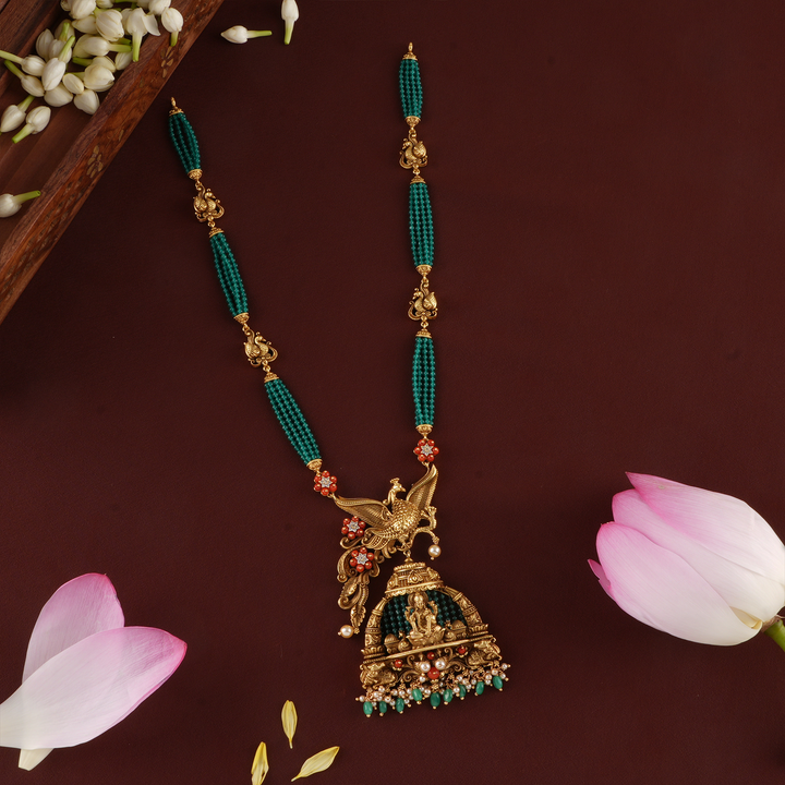 Devotional Lakshmi Peacock Green Beads Necklace