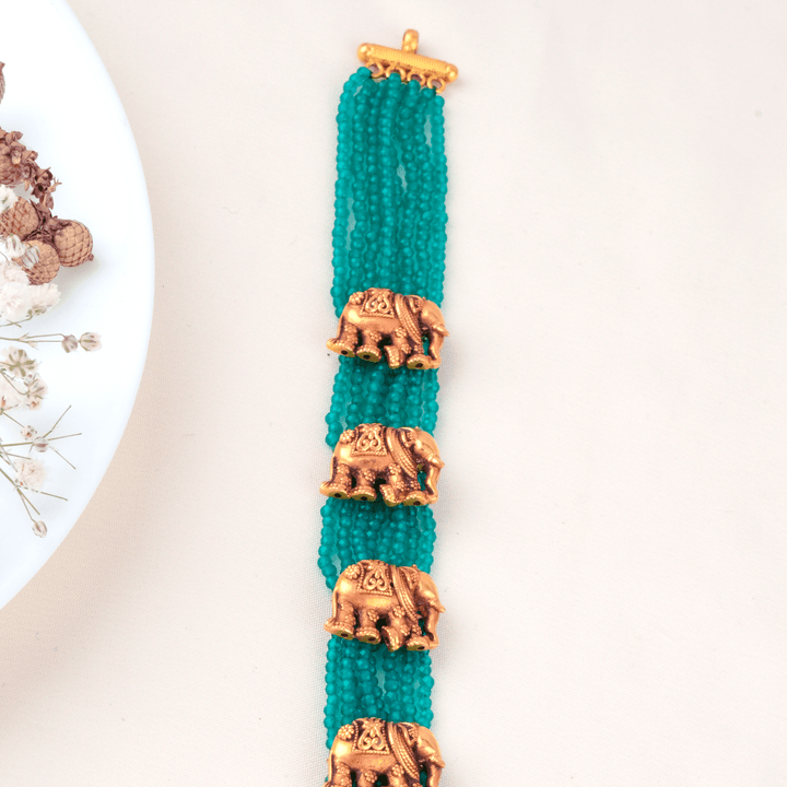 Emerald Green Beads Elephant Motif Gold Haram