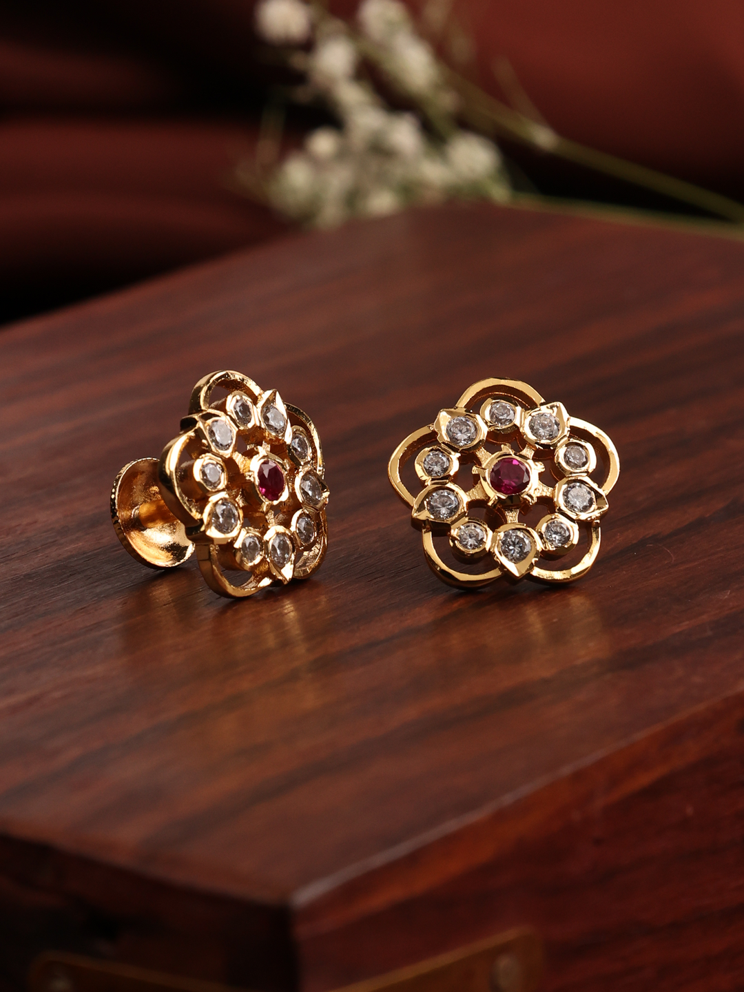 Traditional Floral Ruby with white Stone Stud
