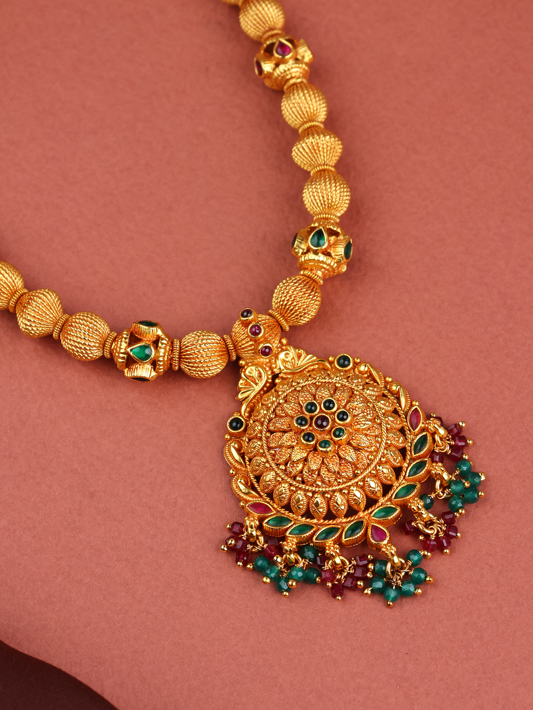Temple Style Bold Beads & Floral Pendant Necklace