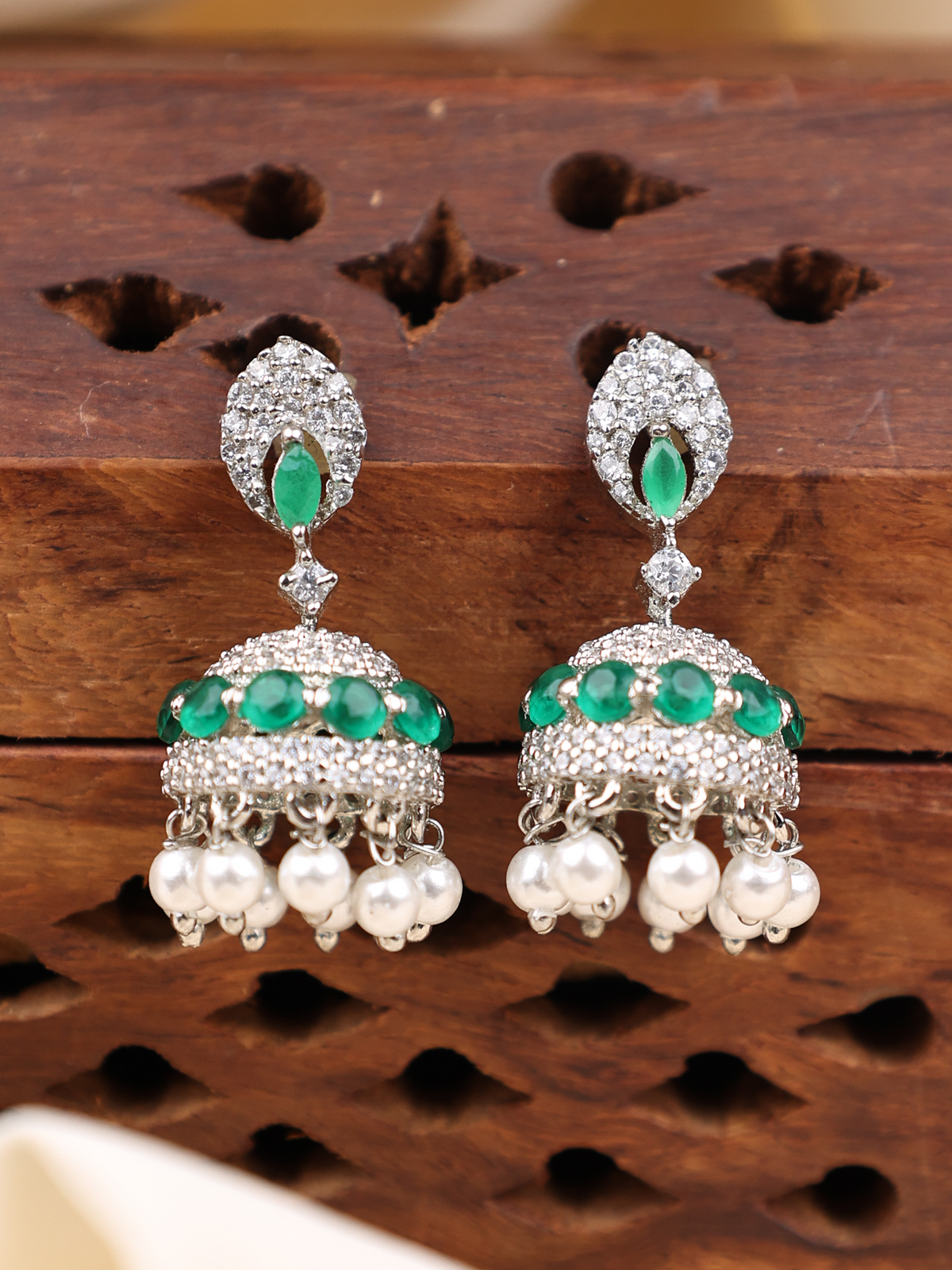 Heritage Sparkle Silver Pearl Drop Jhumka