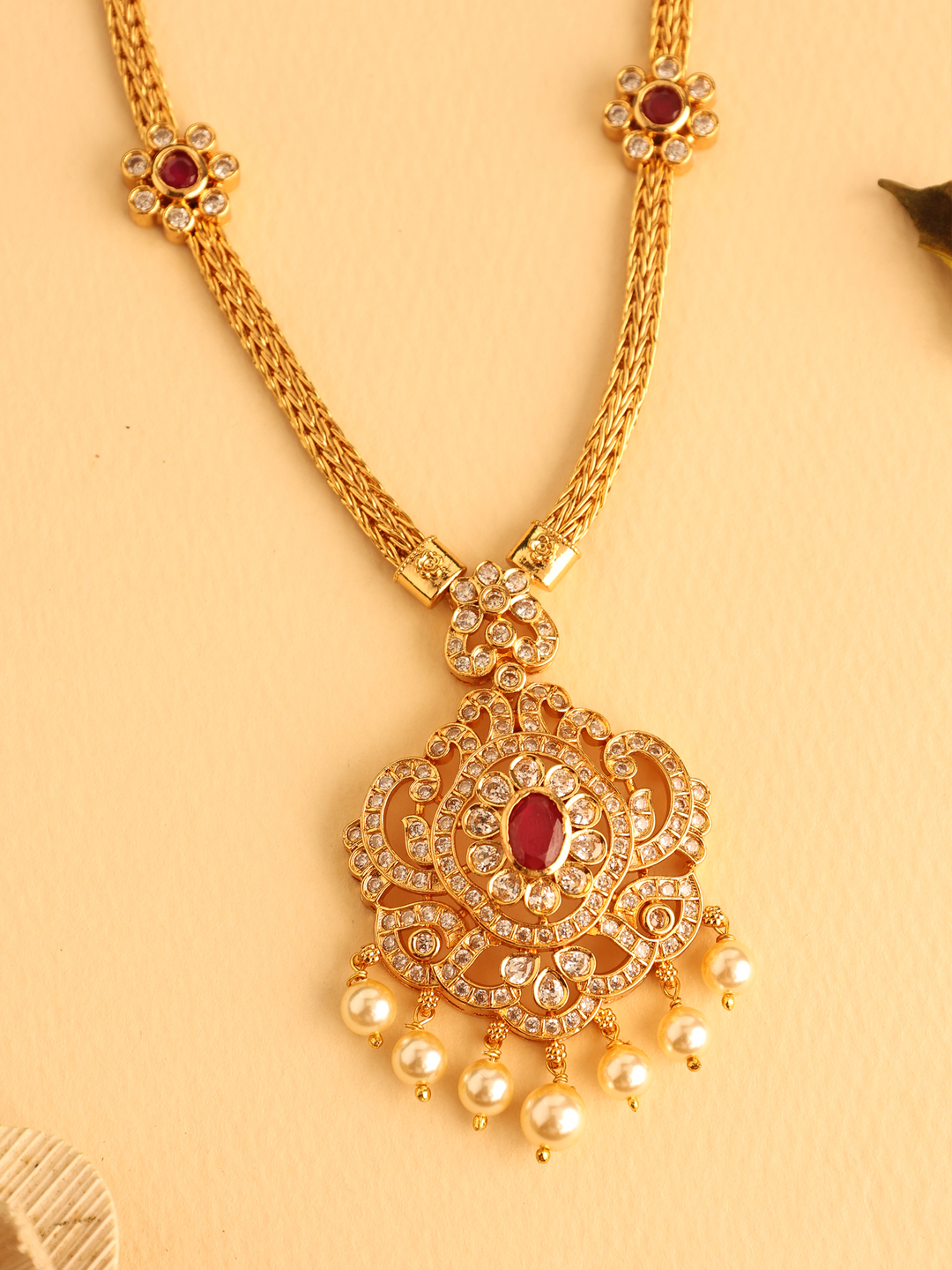 Nagas Ruby Stone with Pearl Drops Necklace