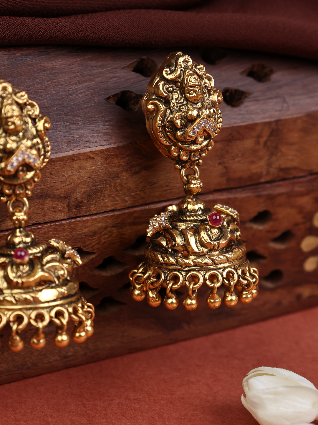 Goddess Lakshmi Jhumka with Carved Motifs
