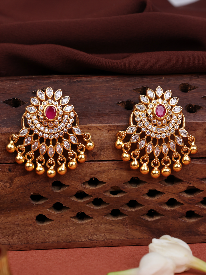 Chandbali Earrings with Ruby & White Stones