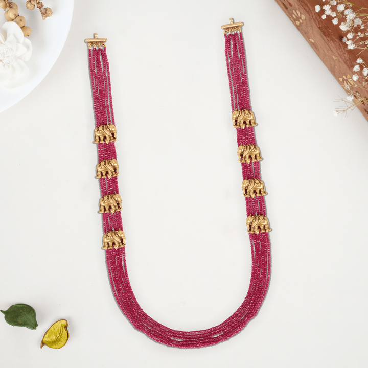 Ruby Beads with Elephant Motif Gold Haram