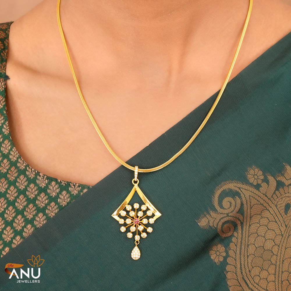Ruby and White Stone Floral Drop Gold Pendant