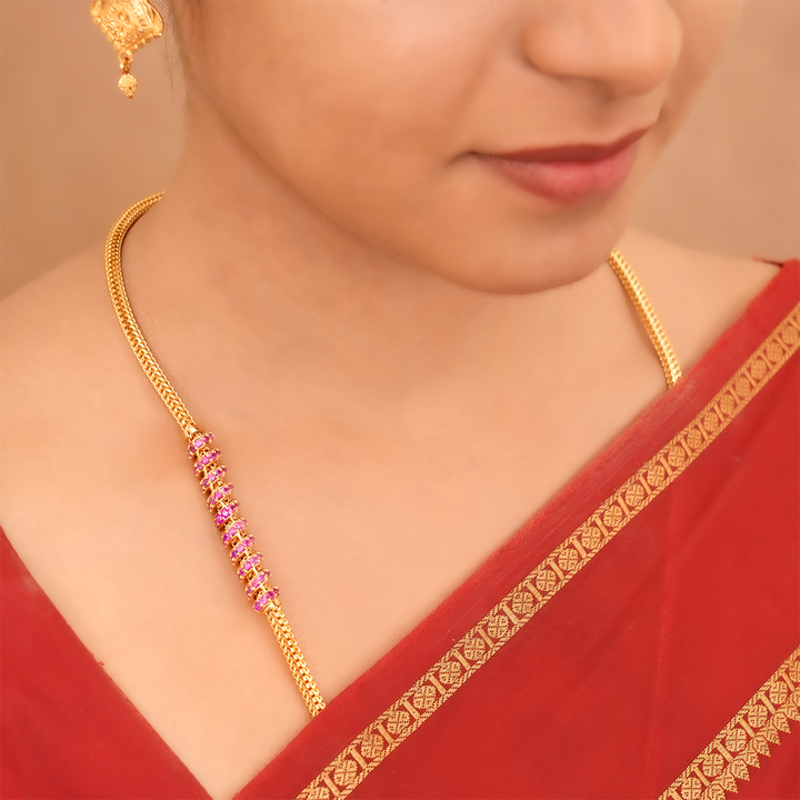 Trendy Spiral Ruby Design Gold Mugappu Chain