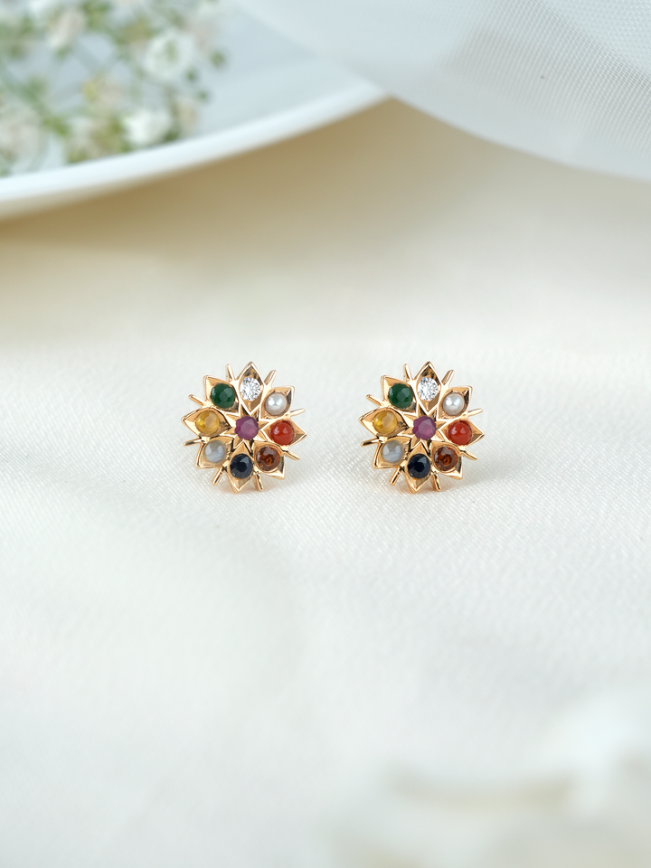 Navaratna Floral Diamond Stud
